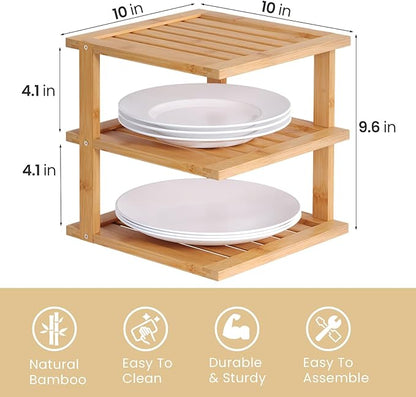 2 Pack Bamboo Corner Shelf,3 Tier Kitchen Cabinet Organizer for Plates and Dishes,Pantry Storage and Spice Rack（Natural）