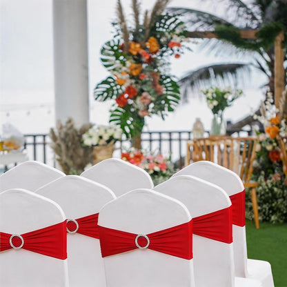 SINSSOWL Wedding Red Chair Sashes 100 Pack Spandex Chair Bows Bands with Buckles for Party Birthday Bridal Shower Engagement Banquets Anniversary Christmas Outdoor Events Decorations (Red)