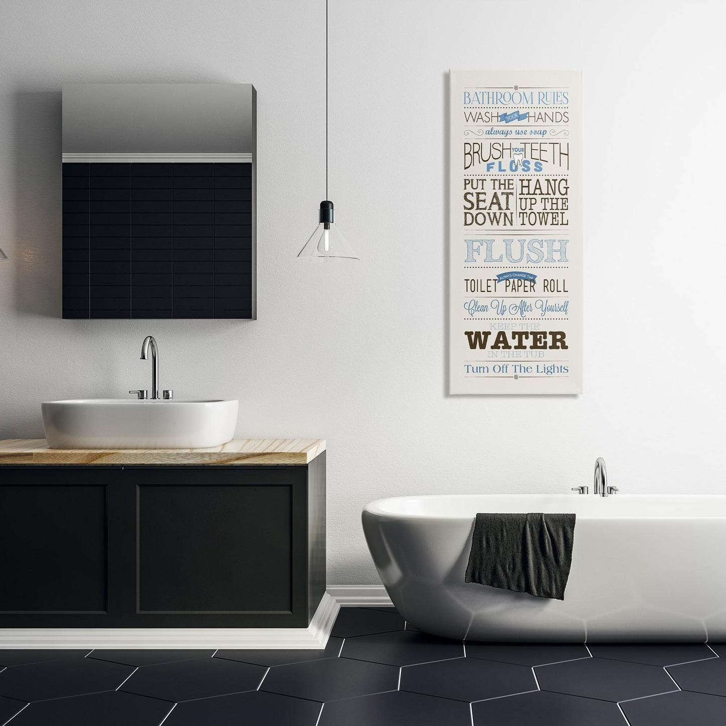 Stupell Industries Rules Blue and Black Print Bathroom, Design by Stephanie Workman Marrott Wall Art, 13x30, Beige