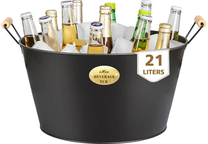 5.5 Gallon Large Beverage Tubs for Parties, 21L Ice Bucket with Wooden Handles for Beer, Wine, Cocktails & Outdoor Events -Black