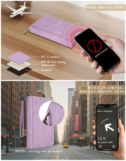 Family Passport Holder Wallet RFID Travel Document Organizer for Women Men, Portable Case Cover for Cards, Boarding Pass with Wrist & Neck Double Strap, Travel Christmas Gifts (Purple, 1pack)
