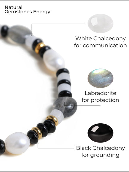 Natural Gemstone & Freshwater Pearl Bracelet for Women, 18K Gold PVD-Coated, Labradorite, Black & White Chalcedony（Medium