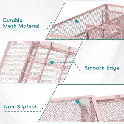 Expandable Desk Drawer Organizer Tray with 10 Adjustable Compartments, Metal Mesh Office Drawer Organizer, Versatile Desk Organizer for Home, School Supplies, Makeup Vanity & Jewelry (Pink)
