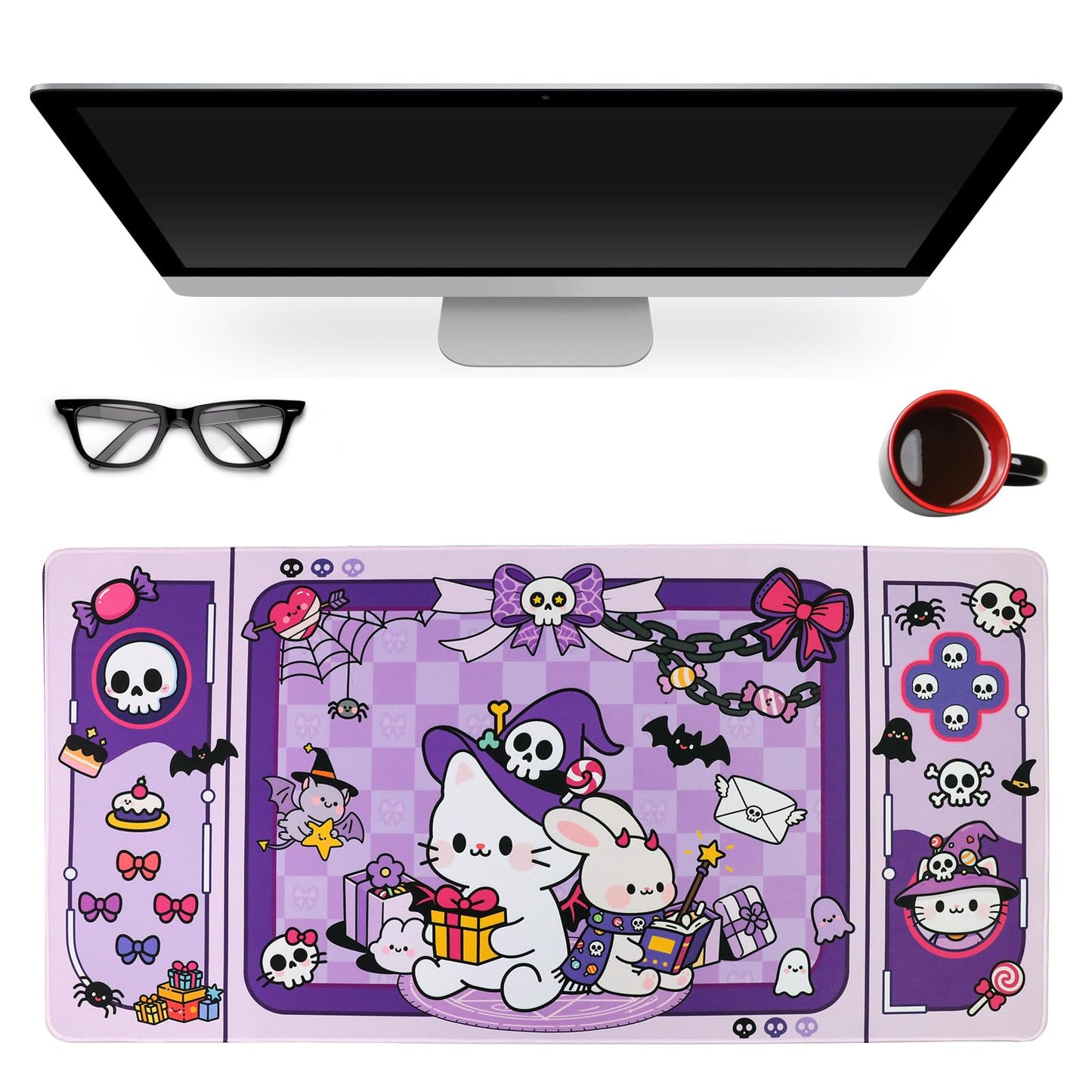PERFECTSIGHT Cute Cat Desk Pad Kawaii Kitty Desk Mat, Large Gaming Mouse Pad, Funny Halloween Deskmat Mousepad, Anime Laptop Keyboard Pad Office Home Decor for Women Girls, Purple