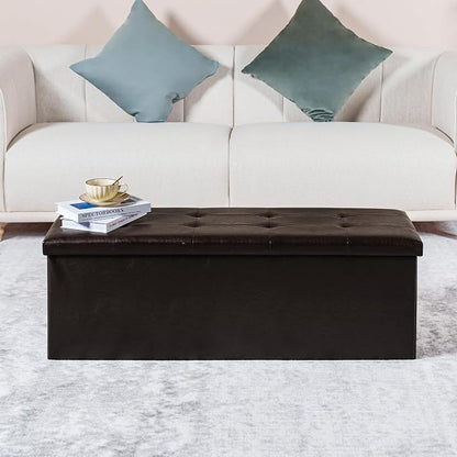 PINPLUS Folding Storage Ottoman Bench, Brown Faux Leather Long Storage Chest Footstool Seat, Bench for Bedroom and Hallway, 43.3"x15.7"x15.7"