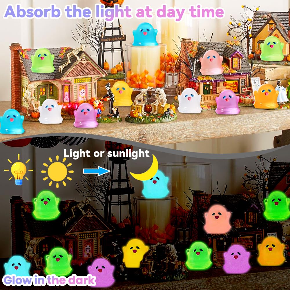 Vellibring 145pcs Halloween Luminous Mini Resin Ghost Figurines Glow in The Dark Cute Miniature Ghost Statue Micro Landscape Accessories for Halloween Party Favors Dollhouse Decorations