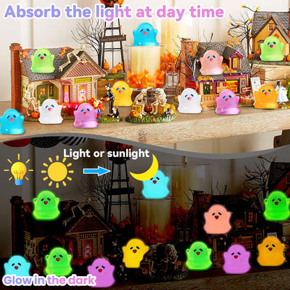 Vellibring 145pcs Halloween Luminous Mini Resin Ghost Figurines Glow in The Dark Cute Miniature Ghost Statue Micro Landscape Accessories for Halloween Party Favors Dollhouse Decorations