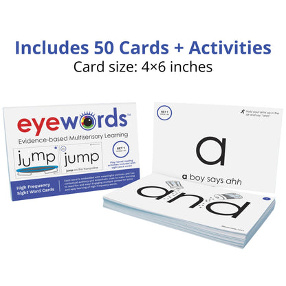 Eyewords Sight Word & Phonics Flash Cards, Set 1 (High-Frequency Words 1-50) - Kinesthetic Learning, Picture-Embedded - Pre-K to Grade 3 - Homeschool & Classroom use - Model EW-22