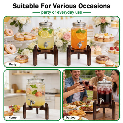 Homeqttomt Drink Dispenser Stand Adjustable Width for 5-Gal Jugs & Beverage Jars with Round Flat Tray - Sturdy Walnut Holder for Water Coolers, Plant Pots (Walnut wood color)
