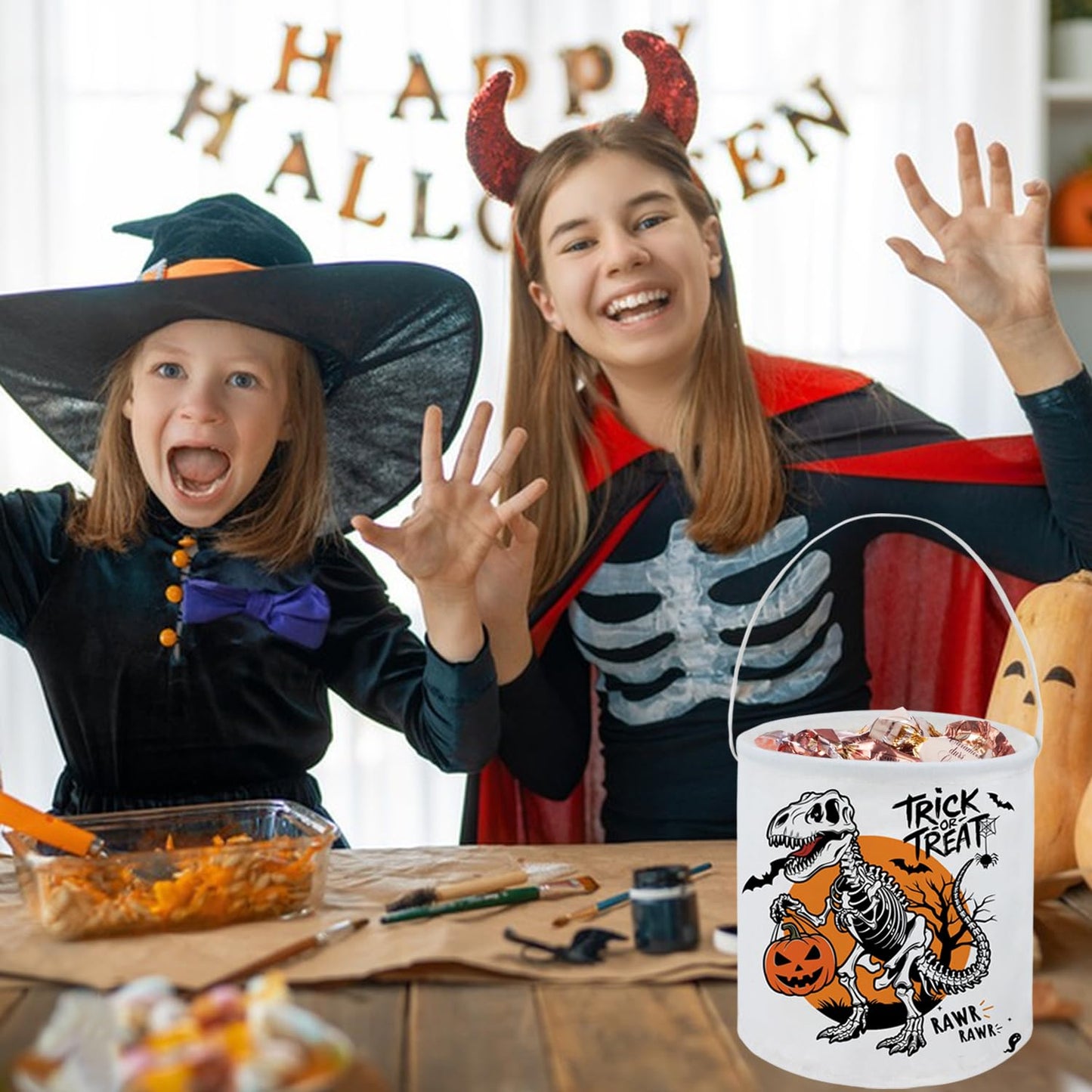 FXOCSHE Halloween Trick or Treat Bucket,Cute bucket,candy tote with handles,party supplies,holiday party decoration gift basket(Dinosaur Halloween)