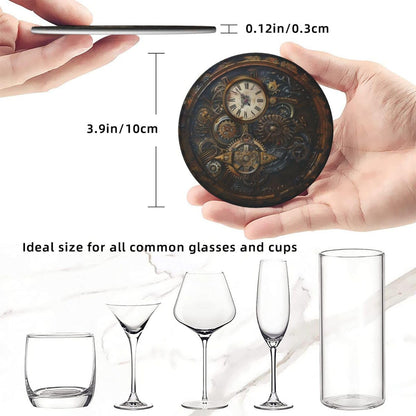 Steampunk Clocks Drinks Coasters With Holder, Suitable For Kinds Of Cups, Set Of 6