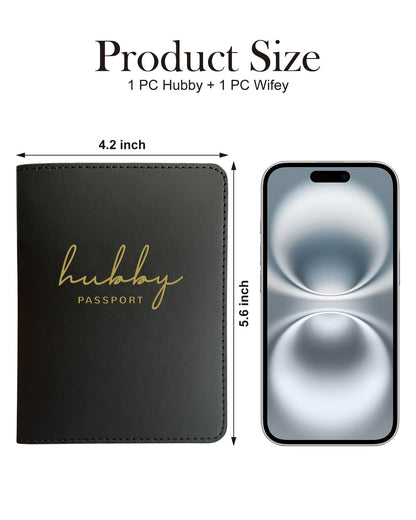 HubbyWifeyGifts Matching Passport Holder for Hubby and Wifey, PU Leather Passport Cover with RFID Blocking, Honeymoon Essentials for Travel, Engagement Gifts for Couples