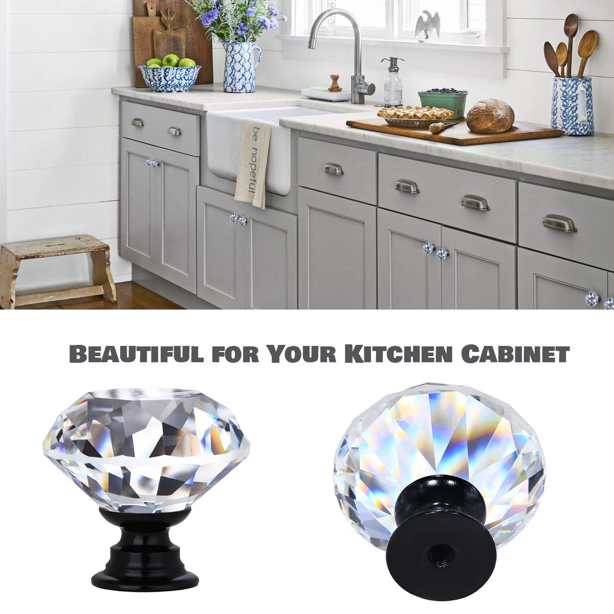 DEELF OUTLET 12 Packs Crystal Cabinet Knobs Drawer Pulls and Knobs Diamond Dresser Handles Crystal Pulls for Drawers - 30 mm Clear Glass Cabinet Knob with Black Base