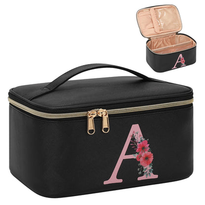 OCHEAL Initial Makeup Bag,Monogram Make up Bag Black Travel Makeup Organizer Case Beauty Toiletry Cosmetic Bag with Brush Holder, Trendy Stuff Personalized Gifts for Women and Girls-A