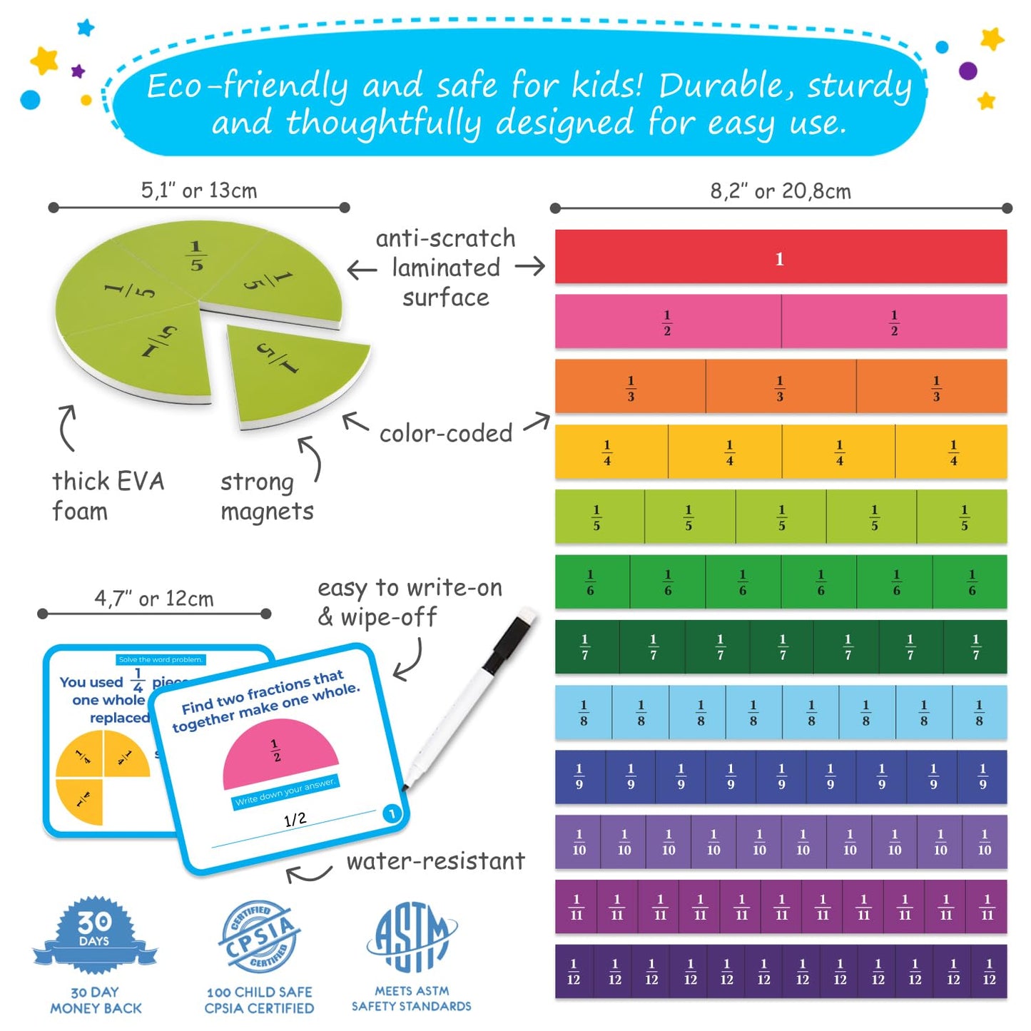 178 PCS Magnetic Fraction Circles & Fraction Tiles - Magnetic Fraction Strips & Bars Fraction Magnets Set Kit, Fraction Manipulatives Class Set, Fractions for Kids, Math Manipulatives - Simply Magic