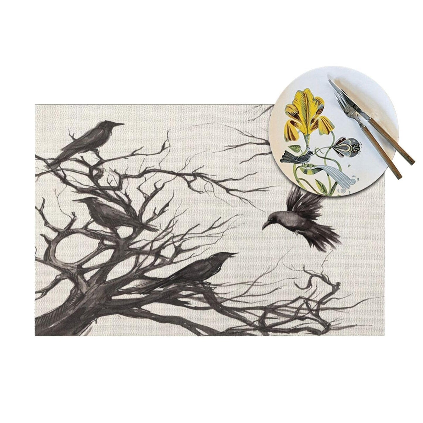 Halloween Placemats 12x18 Inches Set of 4,Black Crows Decorative Rectangle Autumn Halloween Decoration Fall Linen Black Table Mats for Party,Home Kitchen,Dining Table Decorn