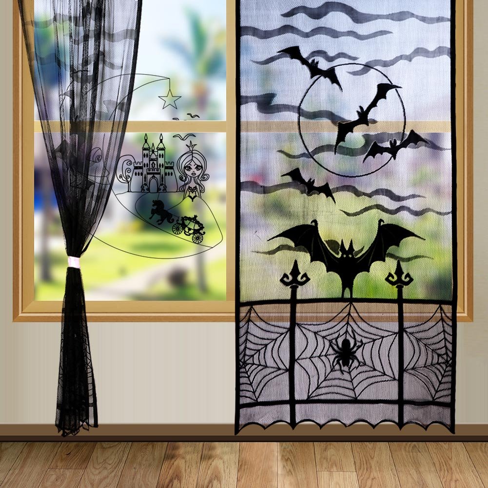 OurWarm 2Pcs Halloween Curtains 84 Inches Long, Spider Web Bats Halloween Black Lace Door Curtains, Halloween Kitchen Curtains, Halloween Curtains for Living Room Halloween Window Decor, 40 x 84 Inch