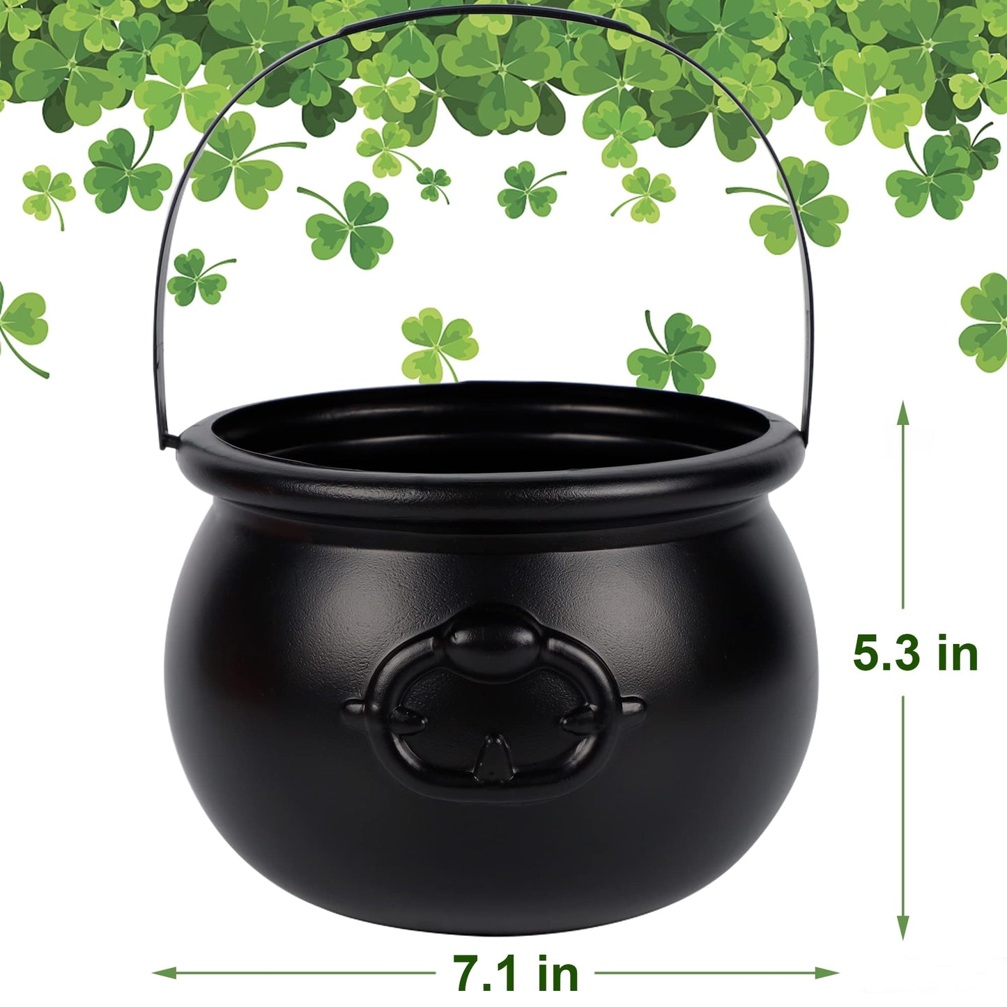 Zcaukya St Patricks Day Coin Pot, 7.4" Black Plastic Cauldron Kittle with Handle, Punch Bowl for Parties, Parade, Carnival, Dressing Accessories, Halloween Trick or Treat, Easter Egg Hunt