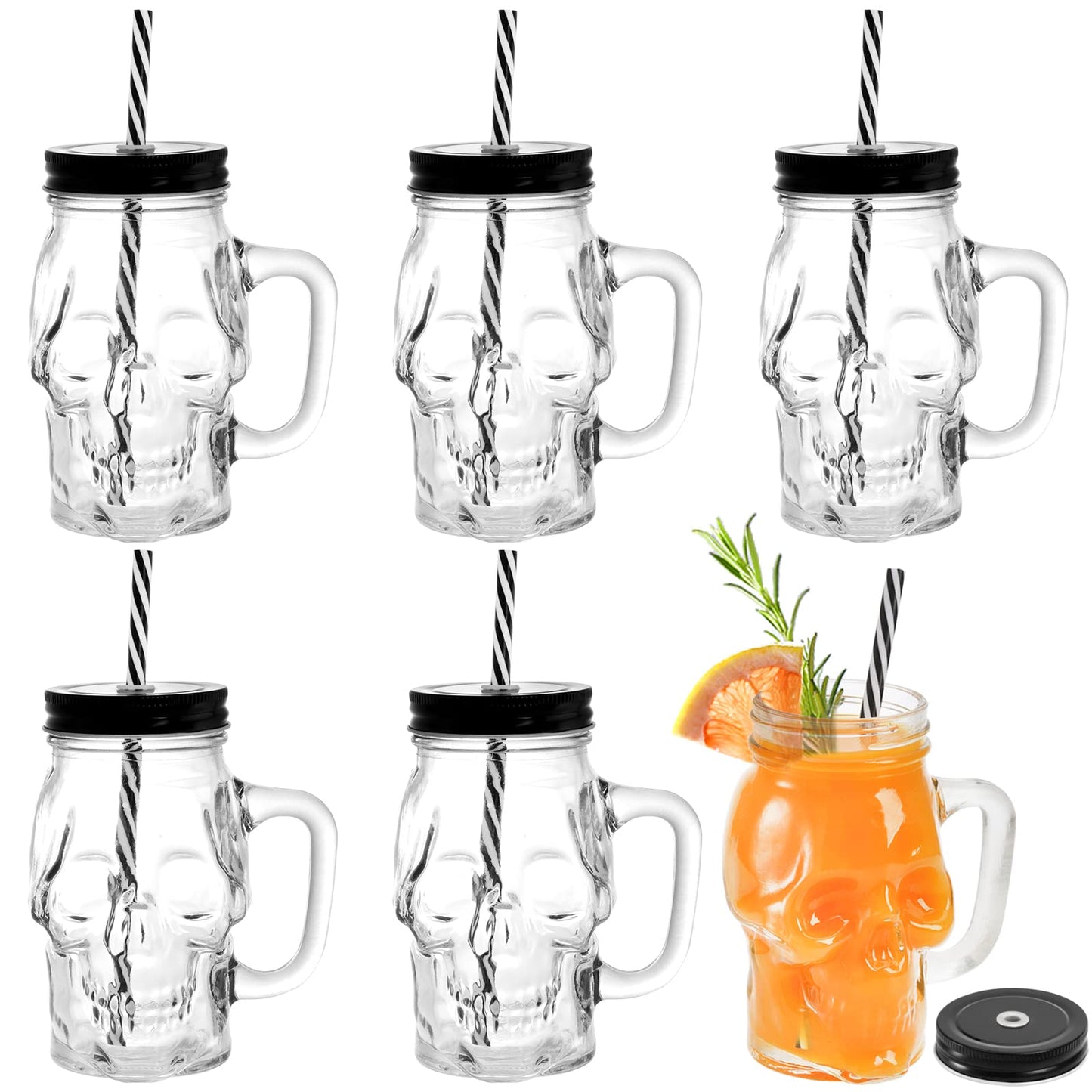 TOPZEA 6 Pack Skull Mason Jars with Handle, 16 Oz Glass Beer Mugs Gothic Wide Mouth Tumbler Cup with Straws and Lids, Novelty Pub Bar Mug Halloween Drinking Glasses for Beverage, Liquor, Mix Cocktail