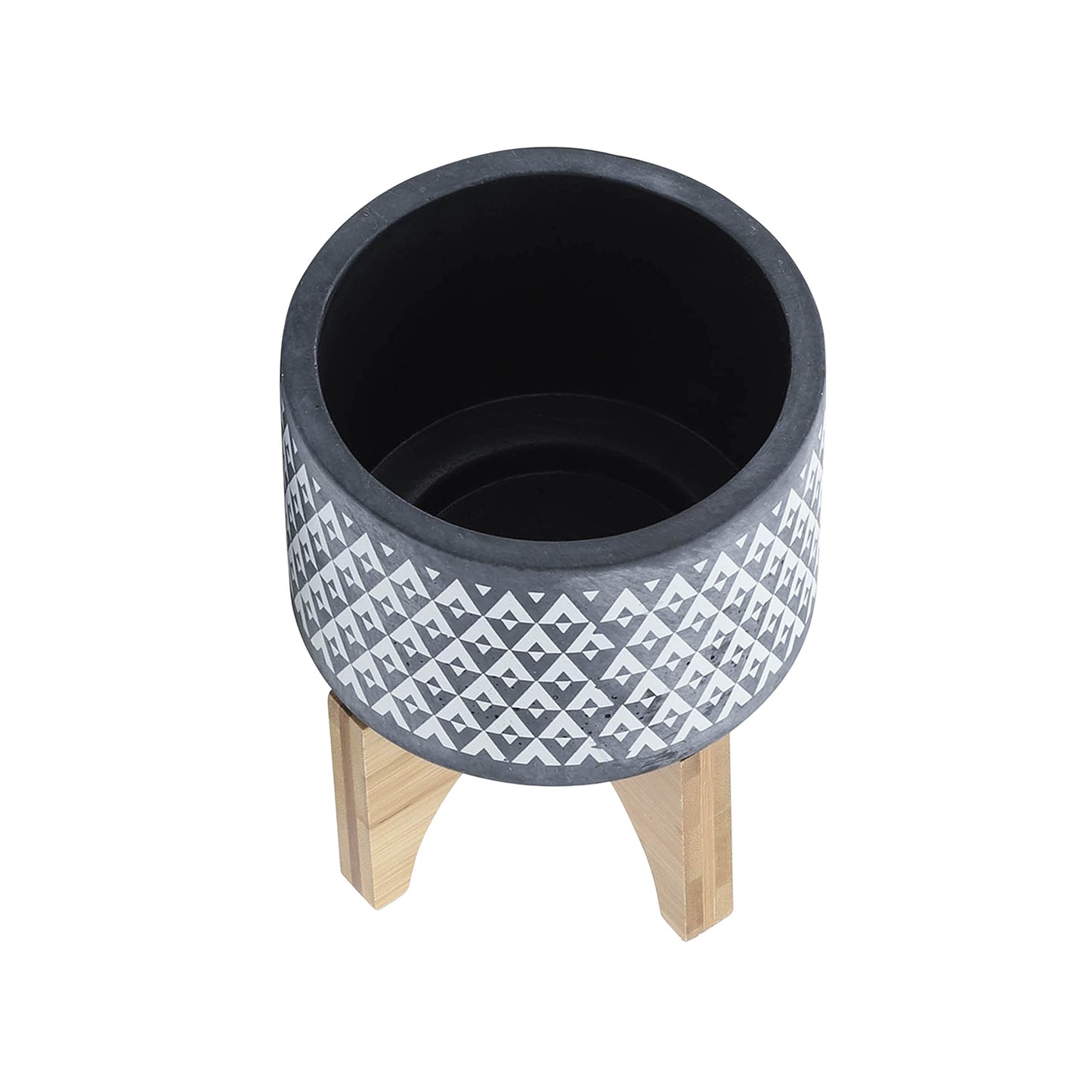 Aztec Decorative Planter Pot on Wooden Stand – Ceramic Stoneware Outdoor & Indoor Plant Pot with Gray Geometric Pattern – Modern Garden & Home Decor Ceramic Planters – 6", Gray
