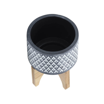 Aztec Decorative Planter Pot on Wooden Stand – Ceramic Stoneware Outdoor & Indoor Plant Pot with Gray Geometric Pattern – Modern Garden & Home Decor Ceramic Planters – 6", Gray