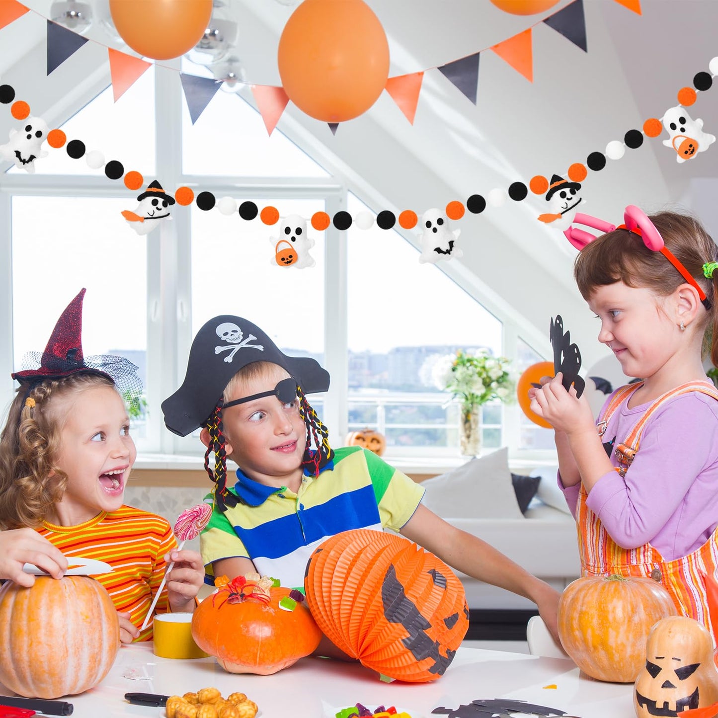 JarThenaAMCS 8.2Ft Halloween Felt Banner 3D Ghost Hanging Garland Black Orange White Pom Ball Banner for Trick or Treat Birthday Home Mantel Wall Window Party Supplies