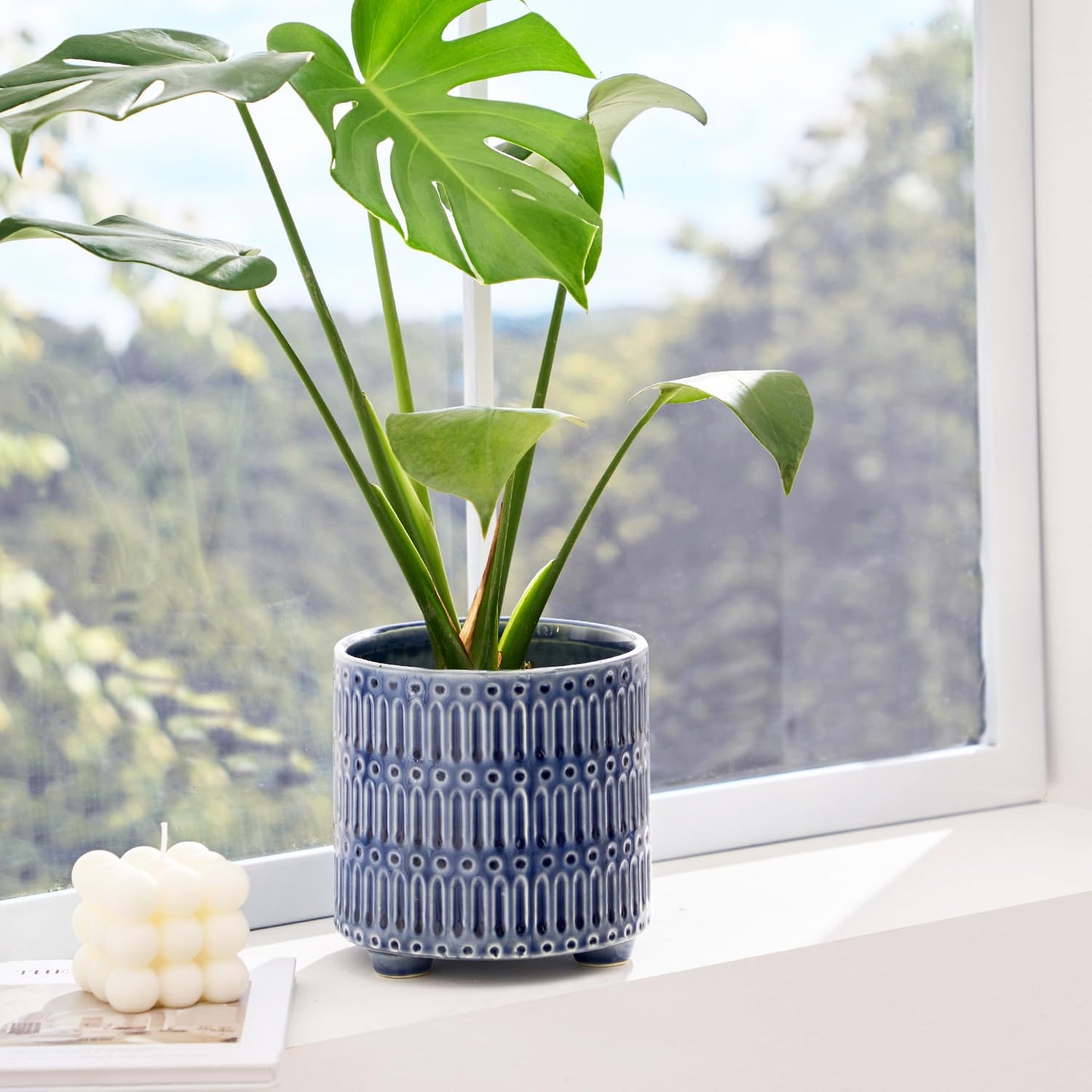 STHIE 5 Inch Ceramic Planters for Indoor Plants, Blue Cactus Snake Plant Pots with Drainage, Unique Design Round Flower Pot for Home Decoration