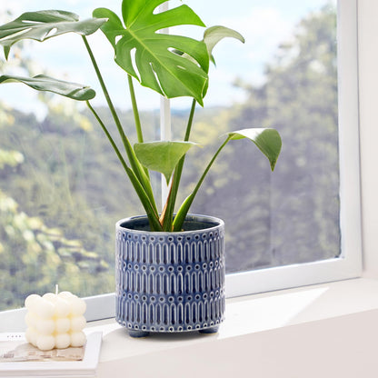 STHIE 5 Inch Ceramic Planters for Indoor Plants, Blue Cactus Snake Plant Pots with Drainage, Unique Design Round Flower Pot for Home Decoration