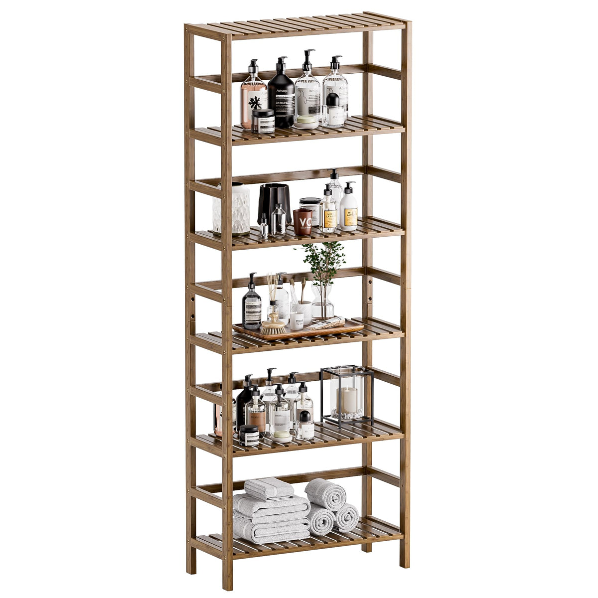 HITNET Bookcase, Bamboo Bookshelf, 6-Tier Adjustable Tall Open Book Shelf, Free Standing Storage Shelves Organizer, Flower Plant Display Stand, Walnut