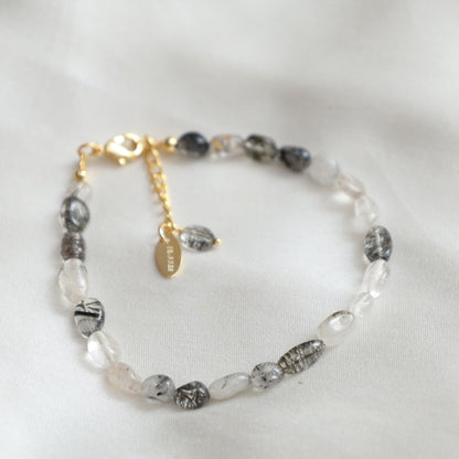 Gempires Gift Black Rutile Crystal Bracelets for Women, Beaded Bracelets, Oval Shape Crystals, Black Crystal Bracelets, Handmade, 8 inch 14k Gold Plated Adjustable Chain