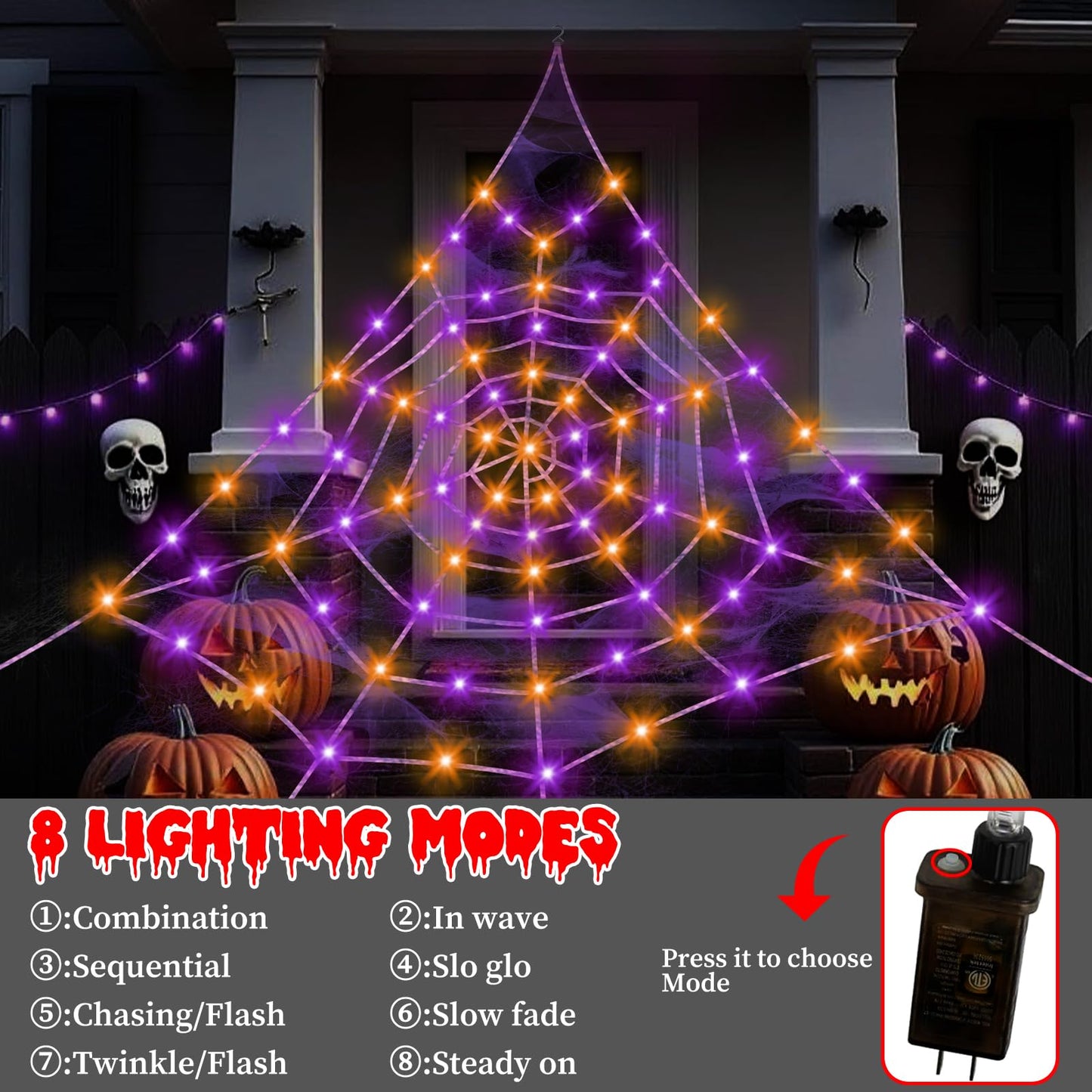 Spider Webs Halloween Decorations Outdoor, 260 Purple and Orange with 8 Modes Waterproof, Spider Web Decoration Outdoor Halloween Decor