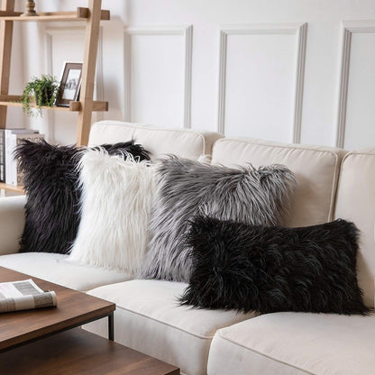 Phantoscope Pack of 2 Faux Fur Solid Throw Decorative Pillow Cover Cushion Covers Luxury Soft Halloween Decorative Pillowcase Fuzzy Pillow Covers for Bed/Couch, Black 18 x 18 Inches