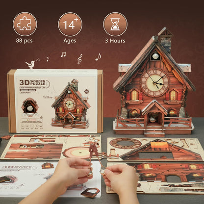 3D Puzzle for Adults Clock,Swiss Chalet Cuckoo Clock Model Kit-Mechanical DIY Pendulum Clock with Roman Numerals-Desk Home Office Decor Personalized Gifts for DIY Lover