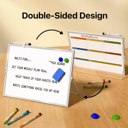Marsrock Dry Erase White Board with Stand,Double-Sided Weekly Whiteboard 16"x12", 10 Markers, 6 Magnets, 1 Eraser, Portable Desktop Whiteboard for Planning,Weekly Schedule Board for School for Home