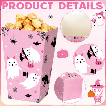 Gueevin 24 Pcs Halloween Popcorn Boxes Pink Ghost Treat Boxes Candy Cookie Holder Container for Halloween Party Favors Supplies Decorations