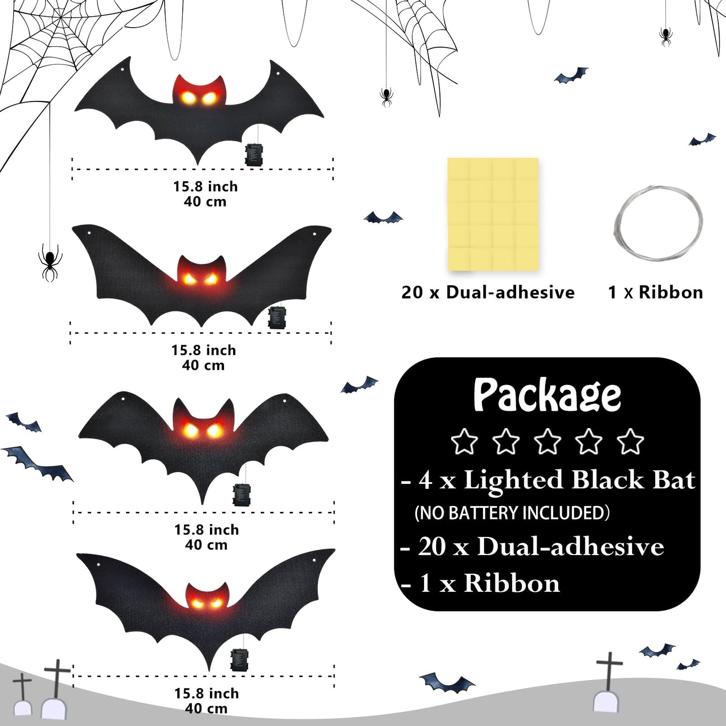 Lighted Halloween Hanging Bats, 4 Packs Halloween Decorations Outdoor Scary Large Black Hanging Flying Bat with LED Lights Spooky Glow Eyes Waterproof for Yard Sign Window Wall Decor Indoor Clearance