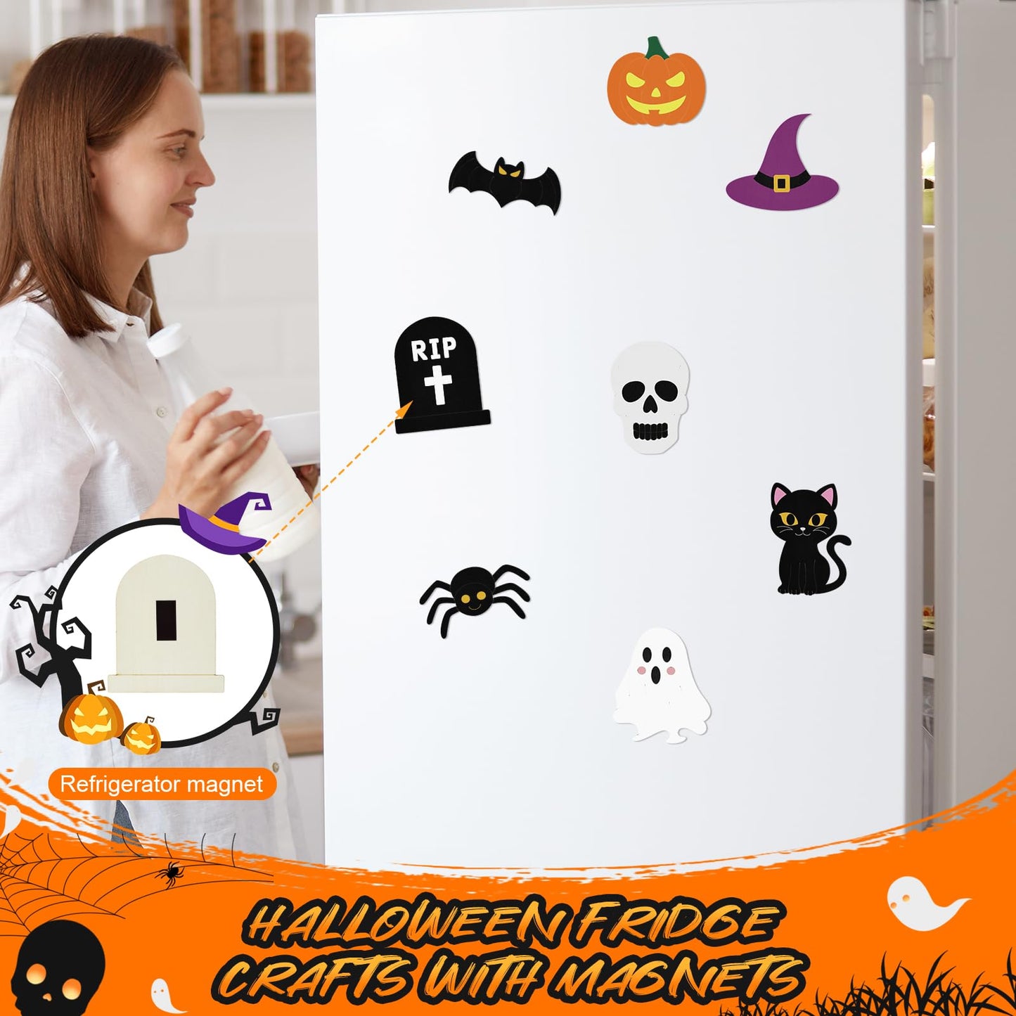 Bafeil 24-Set Halloween Painting Crafts 4", Wooden Cutouts Arts and Crafts, DIY Wooden Fridge Magnets Halloween Party Supplies, Party Favors Gifts Family School Activities Games Goodie Bag Stuffers