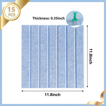 15 Pack Felt Bulletin Board, 35" x 59" Large Light Blue Pinboard with 30 Push Pins, Felt Pin Board, Self-Adhesive Cork Board Tiles for Home, Office Walls, School Classroom Message Photos Display