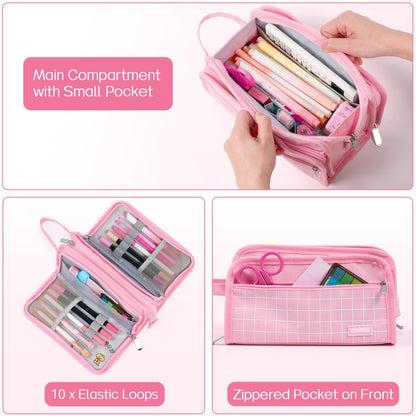 Sooez Large Pencil Case, Big Capacity Pencil Pouch Pen Bag with 3 Compartment, Portable Canvas Stationery Organizer with Zipper, Cute Aesthetic School Supplies for Teen Girls College, Pure Purple