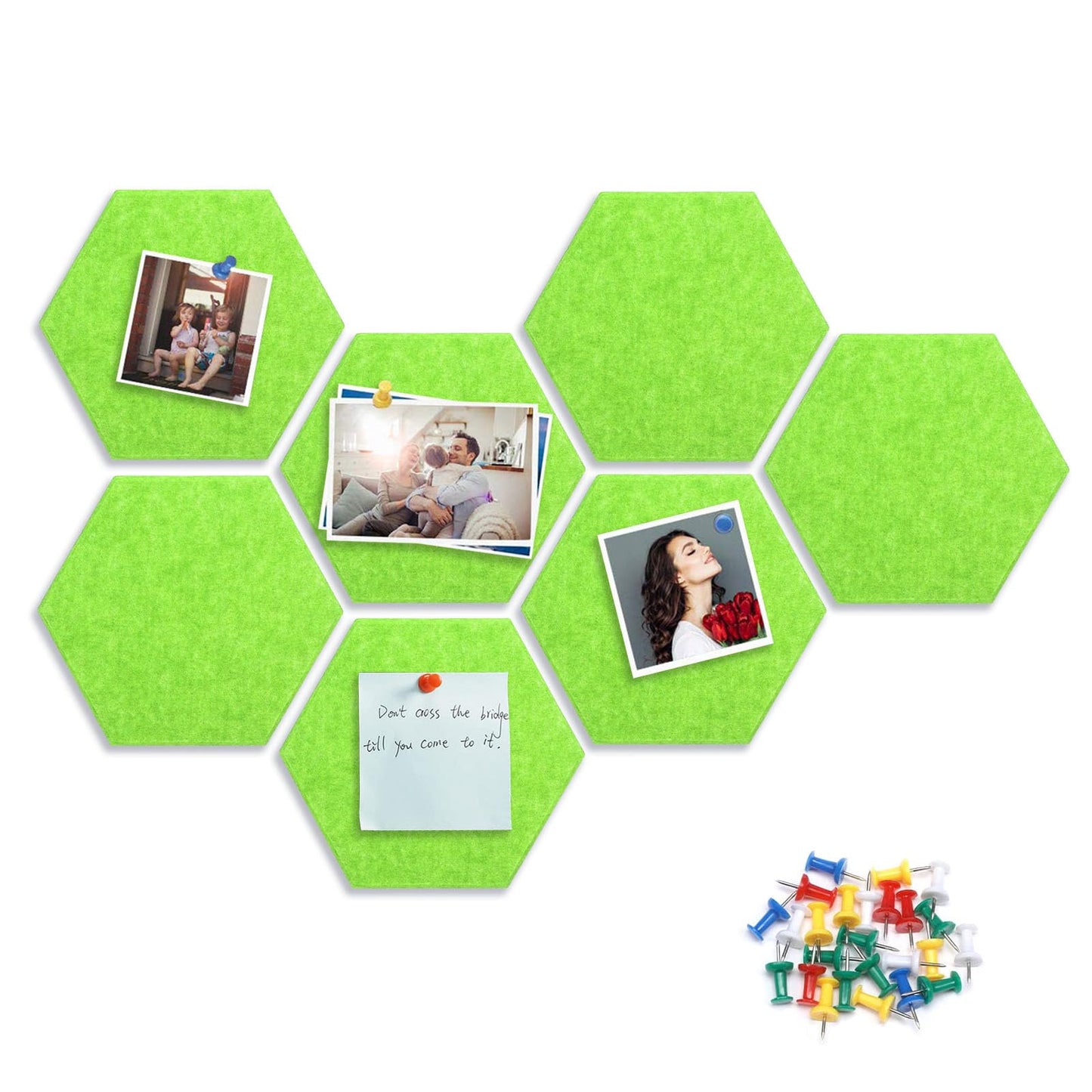 8 Packs Green Hexagon Felt Pin Board, 12" Bulletin Board with 30 Push Pins, Felt Board for Home Kitchen Office Decor, Self-Adhesive Corkboard Tiles for Walls School Message Photos Memos