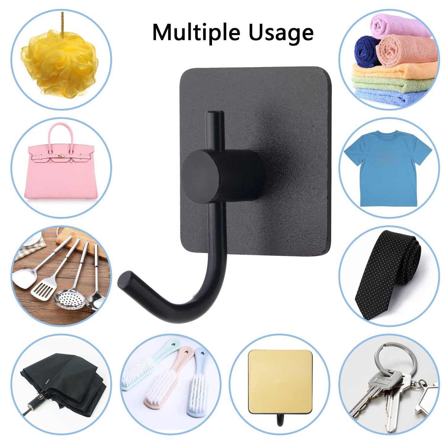 VAEHOLD 6 Pack Adhesive Wall Hooks, Heavy Duty Sticky Holder Aluminum Towel Hooks for Hanging Coat, Hat, Key, Clothes, Closet Hook Wall Mount for Kitchen, Bathroom, Office (Black)