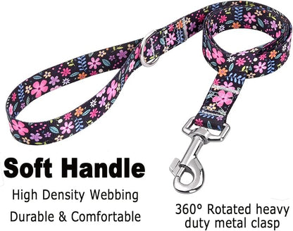 Mihqy Dog Collar and Leash Set with Bohemia Floral Tribal Geometric Patterns - Soft Ethnic Style Collar Adjustable for Small Medium Large Dogs(Floral Set,M)