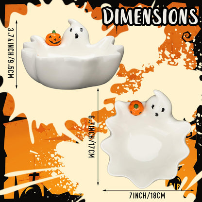 Vesici 7 Inch Halloween Candy Dish Holder Ceramic Ghost Candy Bowl Ghost Serving Tray Cute Candle Holder Cookie Jar for Halloween Party Trick or Treat Decor