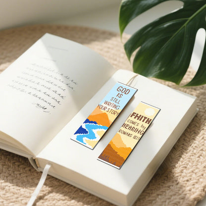 FREEBLOSS 11CT 6 Set Cross Stitch Bookmark Kit Landscape Stamped Embroidery Bookmark Kit with Instructions 6 Back Felt Bookmarks Making Set for Adults Book Lovers, 8"x2.4"