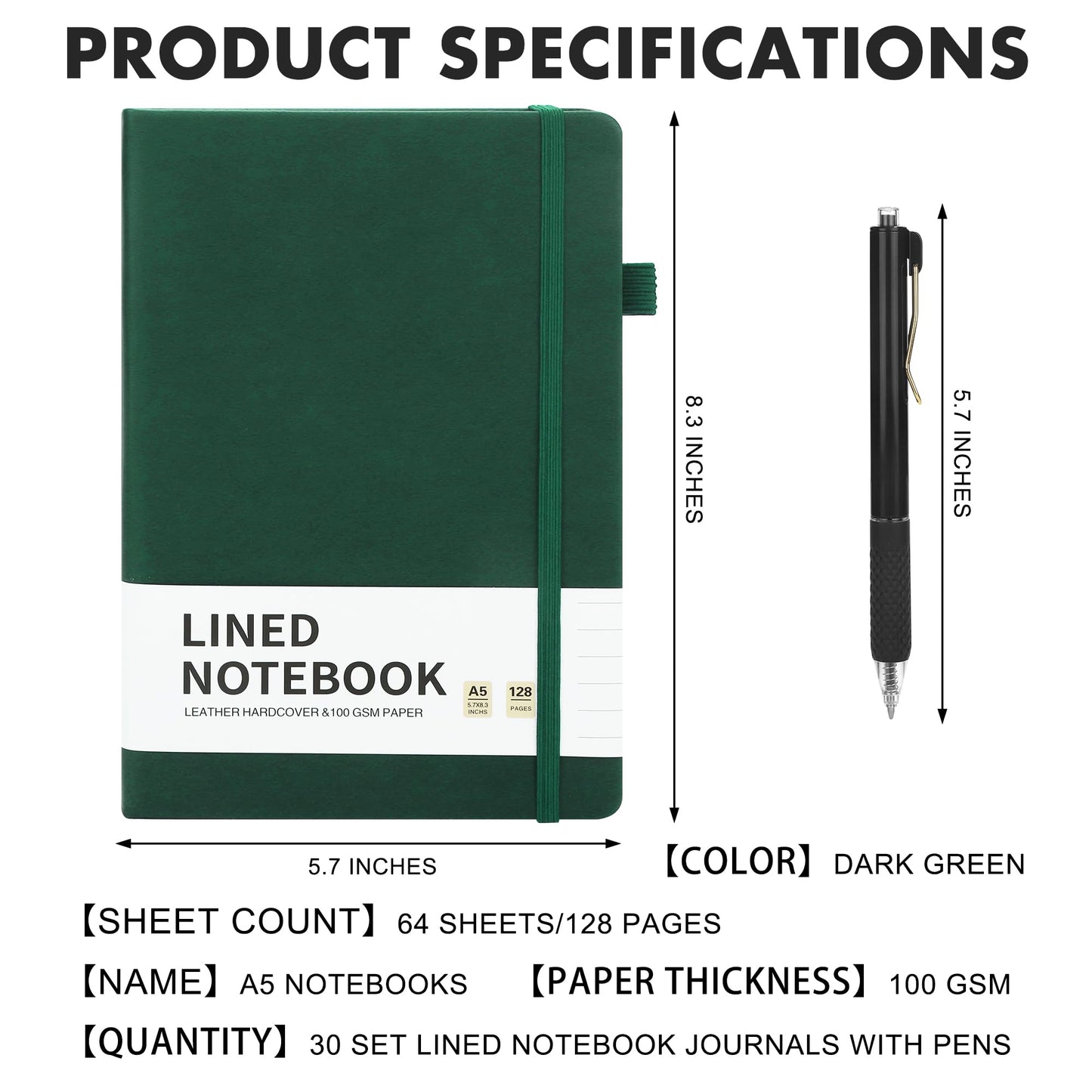 Aodaer 30 Set Lined Notebook Journals with Pens A5 Notebooks 100 GSM College Ruled Hardcover Notebook PU Leather Notepad with Pen Holder for Office School, 5.7 x 8.3 Inches, Dark Green