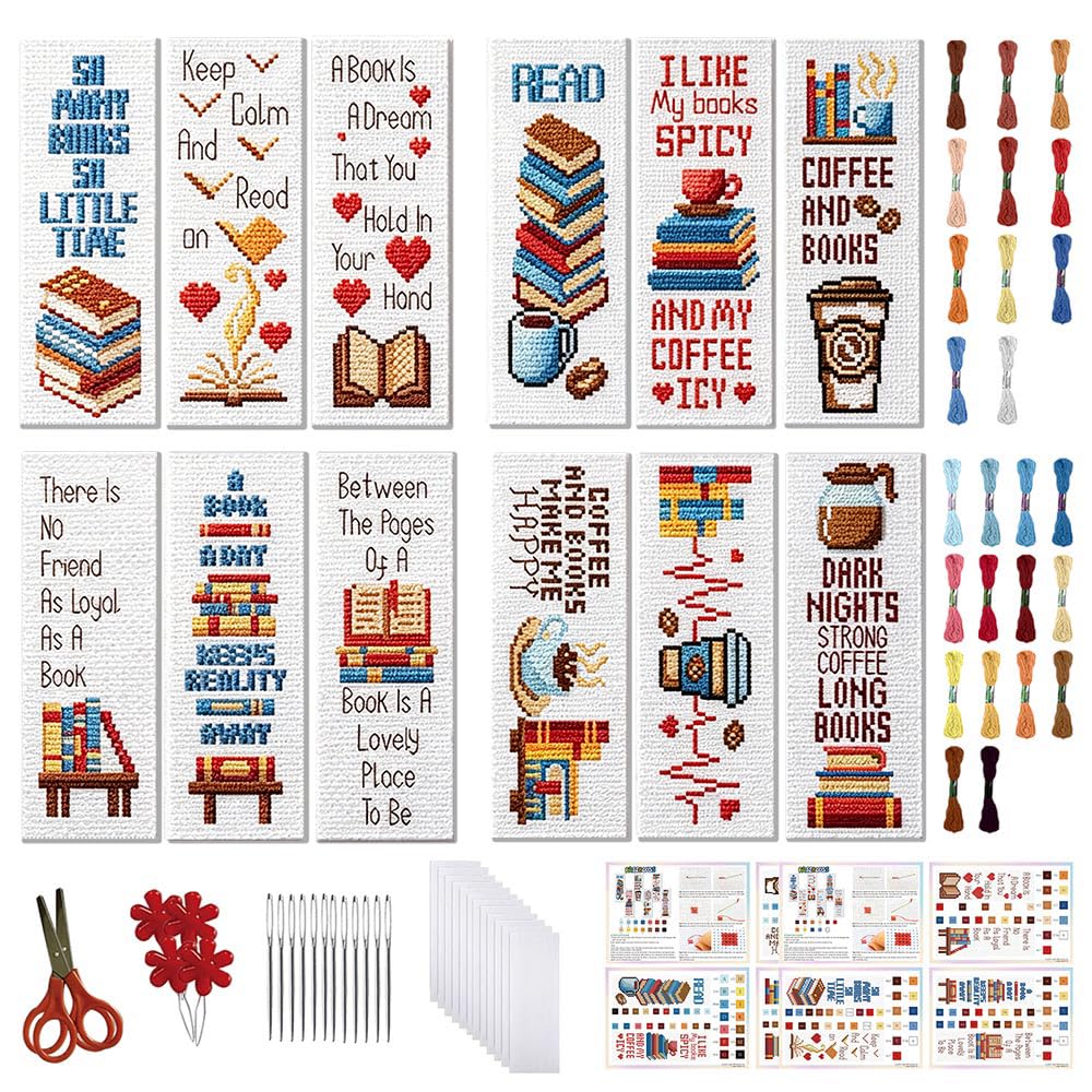 FREEBLOSS 12 Set Cross Stitch Bookmark Kit Bookshelves Stamped Cross Stitch