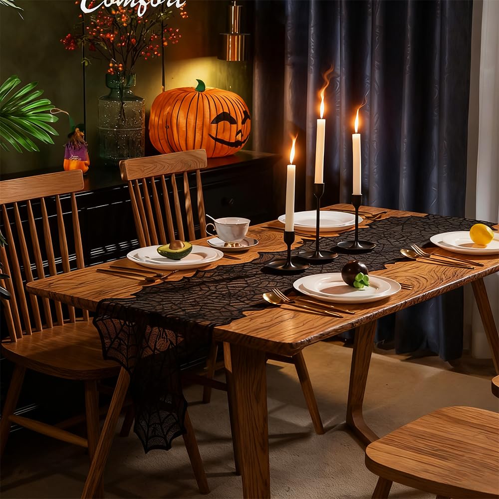 QINYIER 3Pcs Halloween Lace Tablecloths, Black Spiderweb Table Cloths (Rectangle and Round), Fabric Cover for Fireplace, Side Table, Lampshade, Halloween Party Decor