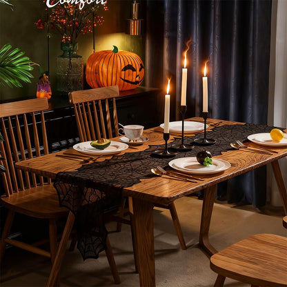 QINYIER 3Pcs Halloween Lace Tablecloths, Black Spiderweb Table Cloths (Rectangle and Round), Fabric Cover for Fireplace, Side Table, Lampshade, Halloween Party Decor