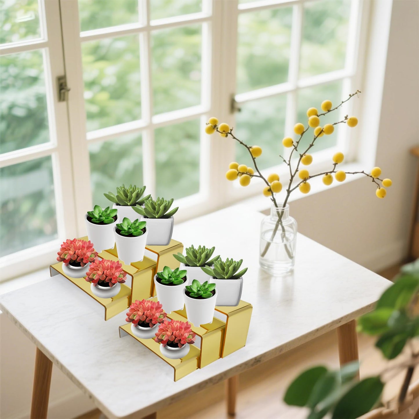 CRAFTIFANO Acrylic Display Risers 2 Sets 3 Tier Cupcake Stand for Dessert Jewelry Pop Figures Shelves Retail Shoe Showcase (Gold)
