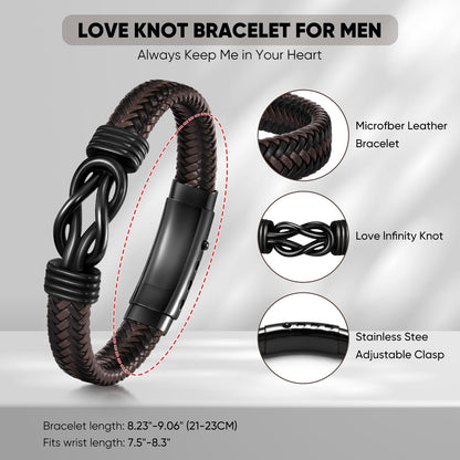 VNOX Love Knot Bracelet for Men - Cutsom Name Handmade Braided Leather Bracelets Brown Leather Cuff with Infinity Knot Gift for Men Husband Boyfriend